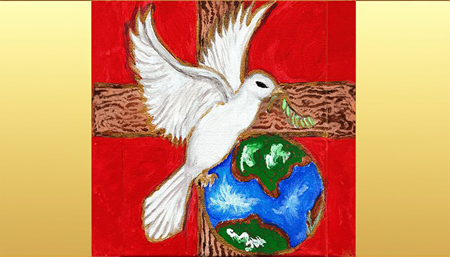 a white dove hovers over the earth with a cross in the background