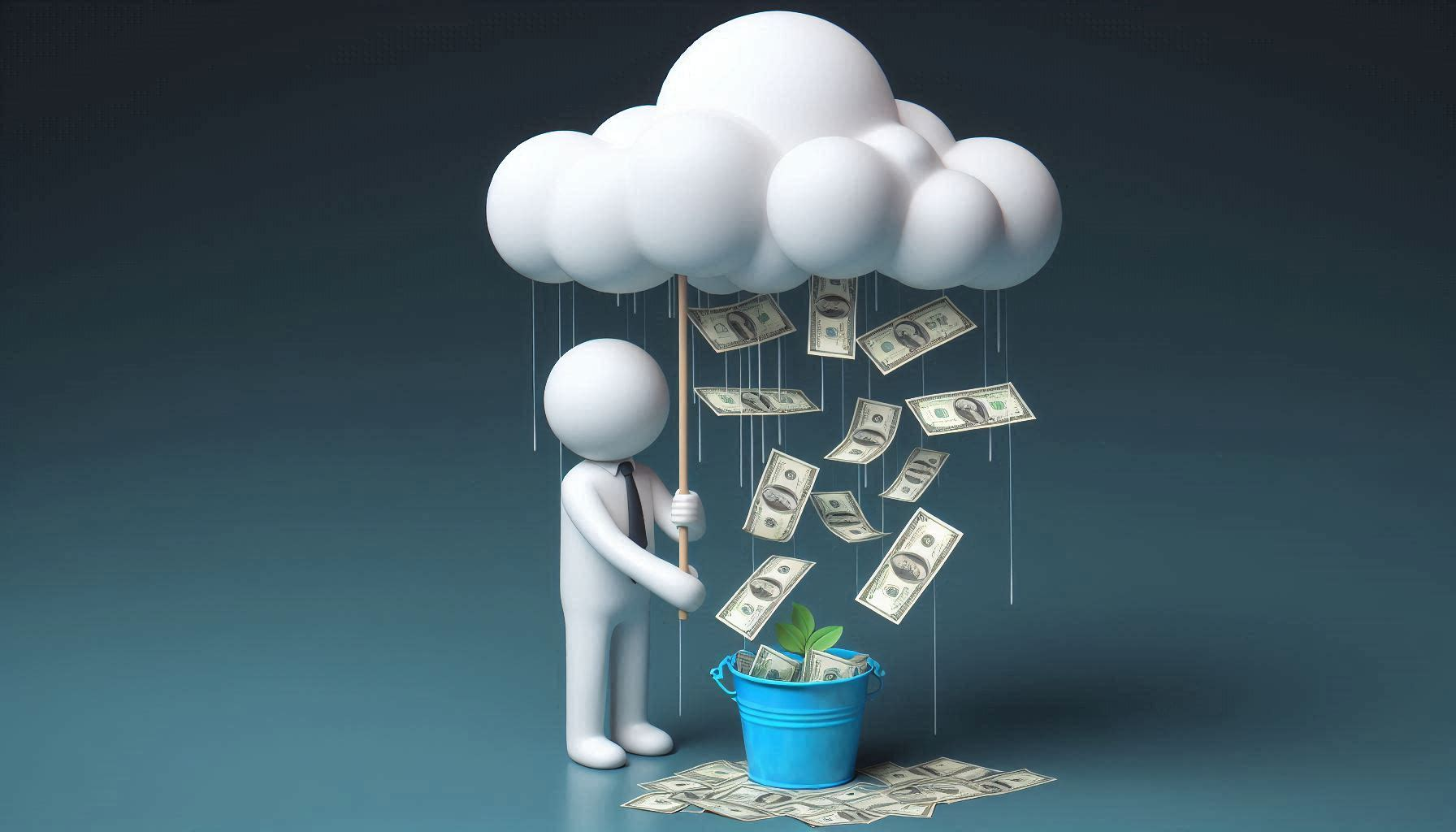 A 3d man uses a bucket to catch the cash coming from the rain cloud above him